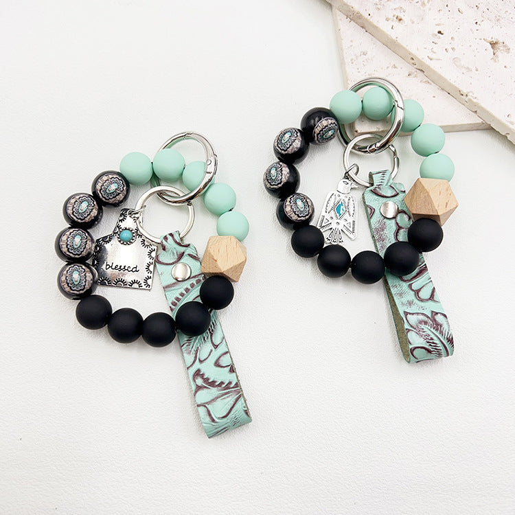 Wholesale Western Wood Beads Handmade Beaded Genuine Leather Embossed Wrist Keychain
